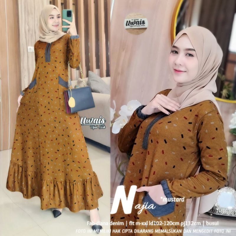 Gamis Wanita Calvin Jeans Diana Busui Tebal Melar Nyaman di Pakai Fane Levila Gamis Muslim Kekinian-NAJIA MUSTARD
