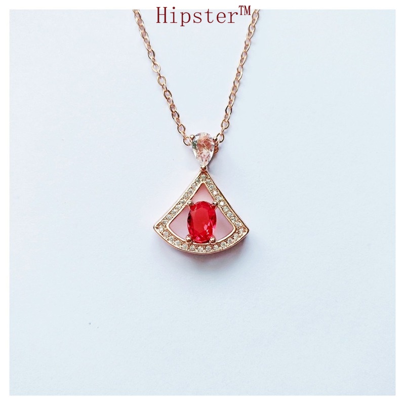 Retro Graceful Personality Fan-Shaped Ruby Pendant Full Diamond Light Luxury Hollow Necklace