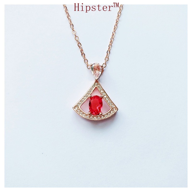 Retro Graceful Personality Fan-Shaped Ruby Pendant Full Diamond Light Luxury Hollow Necklace