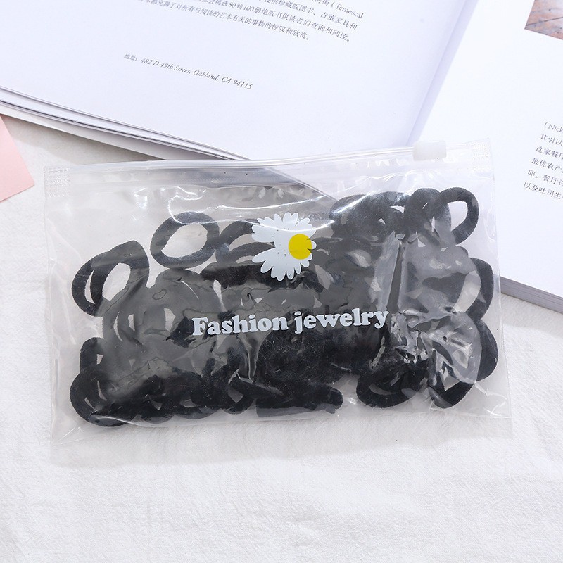 OVERFLOWS.ID 50 Pcs Tali Rambut Donut Dengan Pouch Bunga Daisy Import Ikat Rambut Set Import-50PCS- Hitam