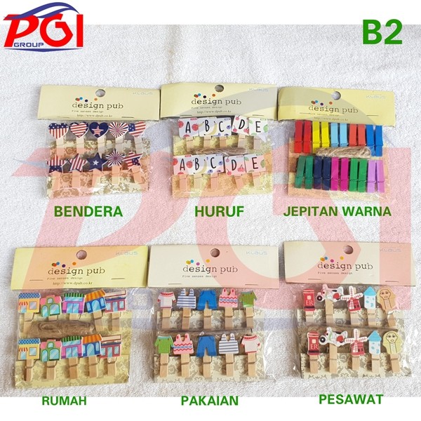 B ( B2 ) MODEL B / 1 PAKET WOODEN CLIP PAPER PENJEPIT KAYU / JEPIT FOTO KARAKTER FREE TALI 1.5 METER
