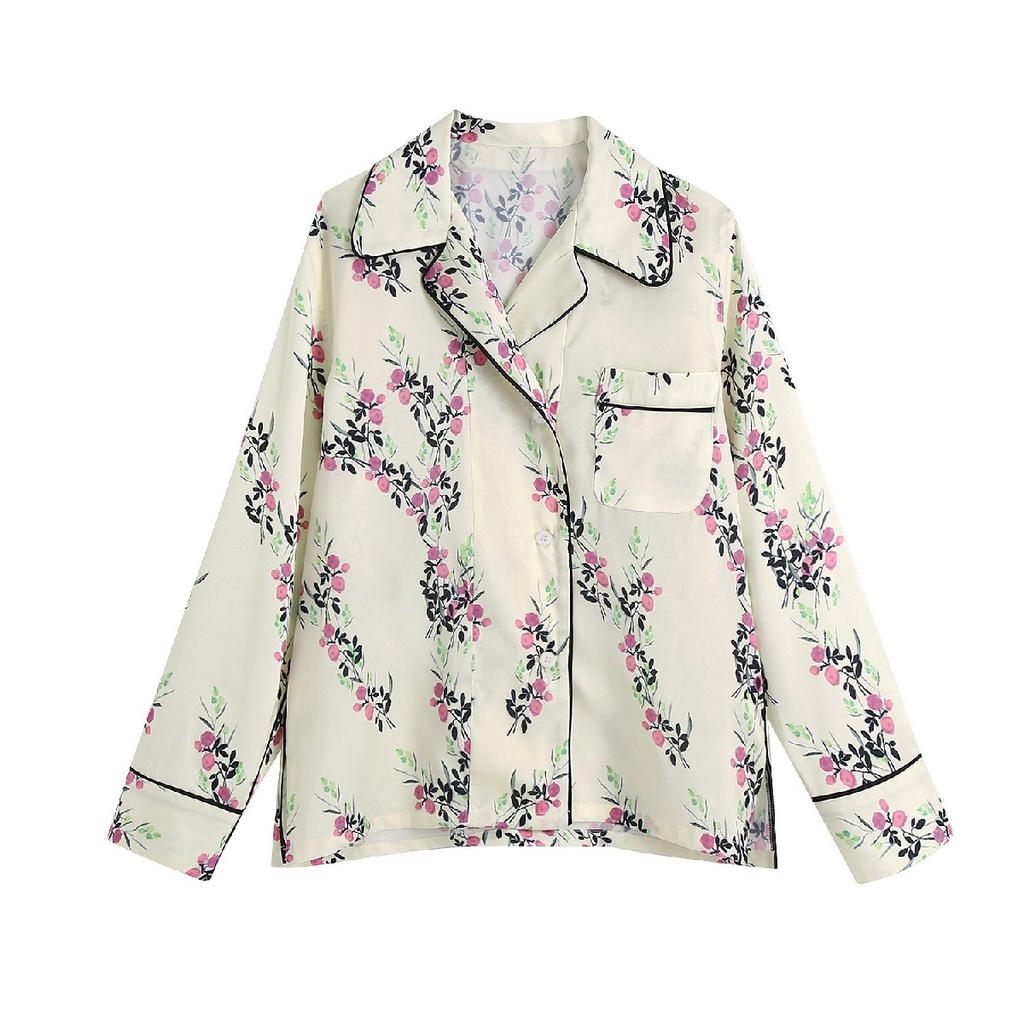 Blouse Wanita Lengan Panjang Warna Putih Motif Floral Casual Blouse Korea Fancy Flower Blouse