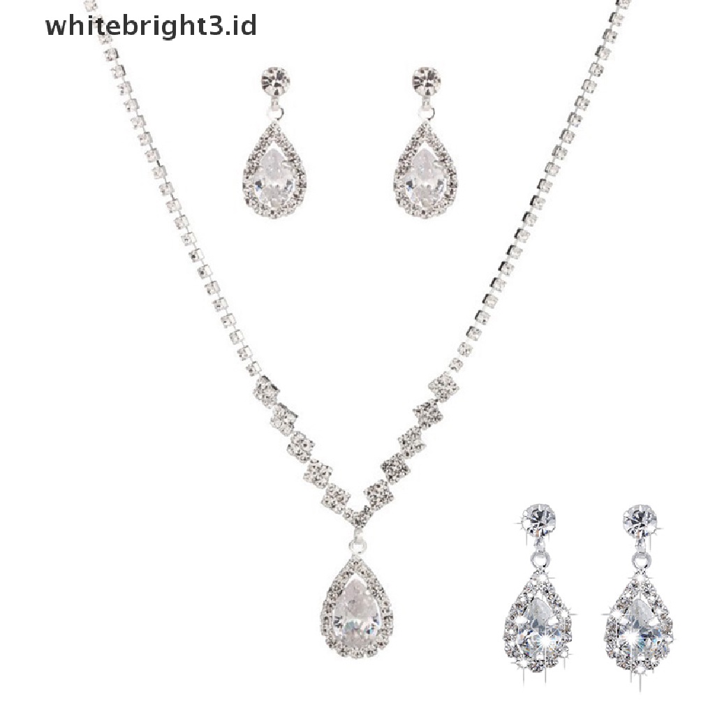 (whitebright3.id) Set Kalung + Anting Tusuk Gantung Bentuk Tetesan Air Aksen Kristal Imitasi Untuk Wanita