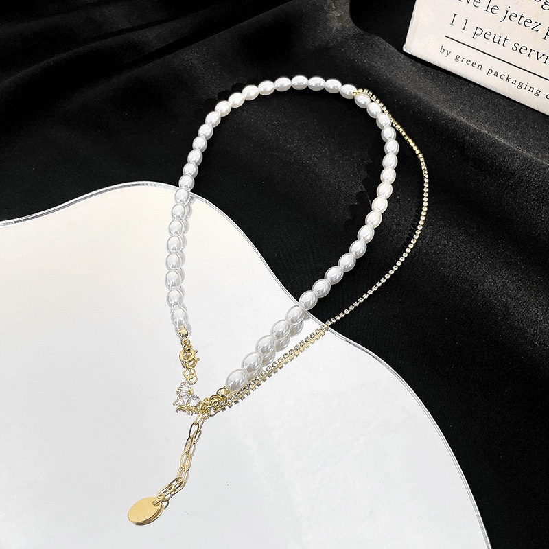 Korean Simple Style Zircon Imitation Pearl Buling Buling Heart Pendant Niche Design Women Clavicle Necklace