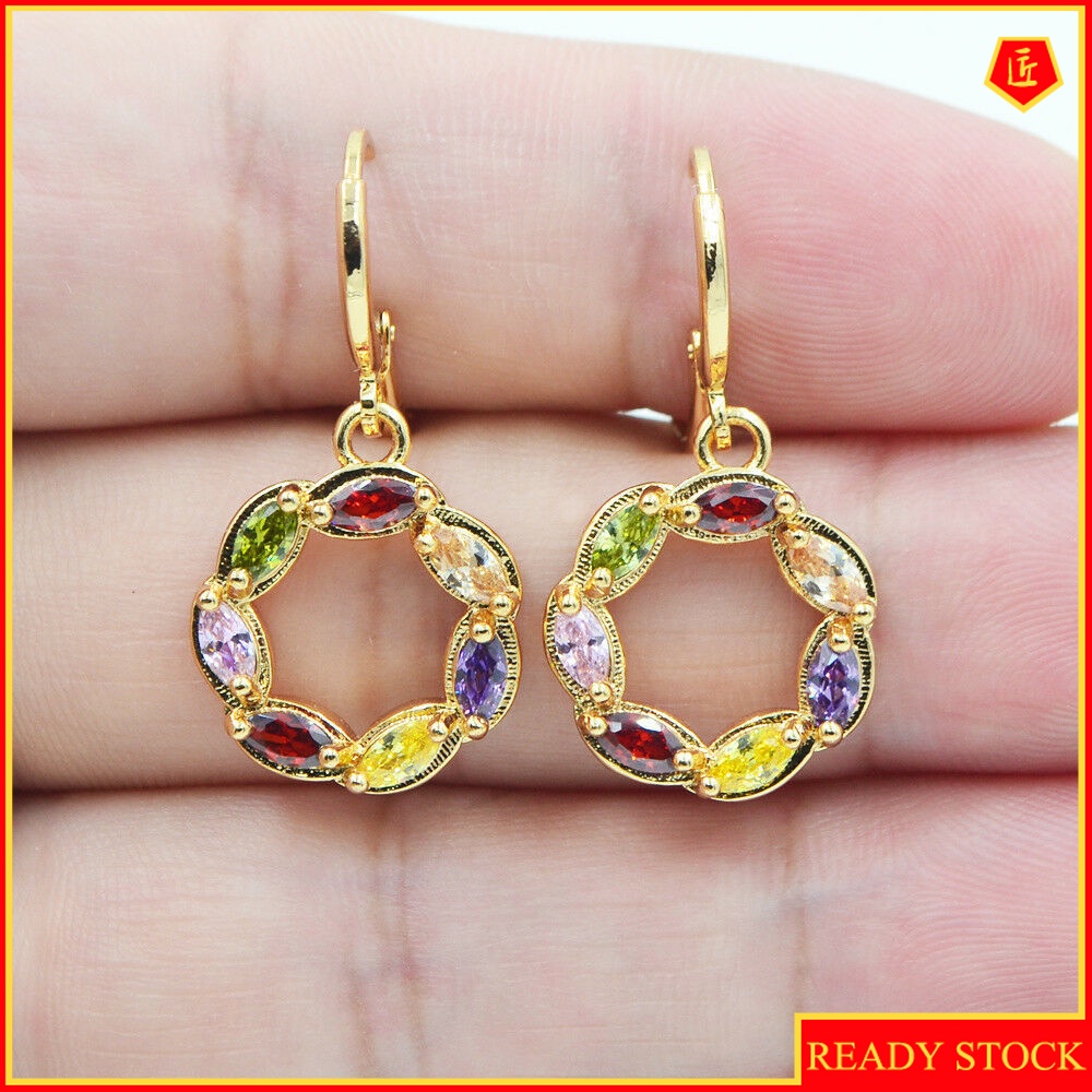 [Ready Stock]Temperament 18K Gold Geometric Shape Colored Gems Earrings