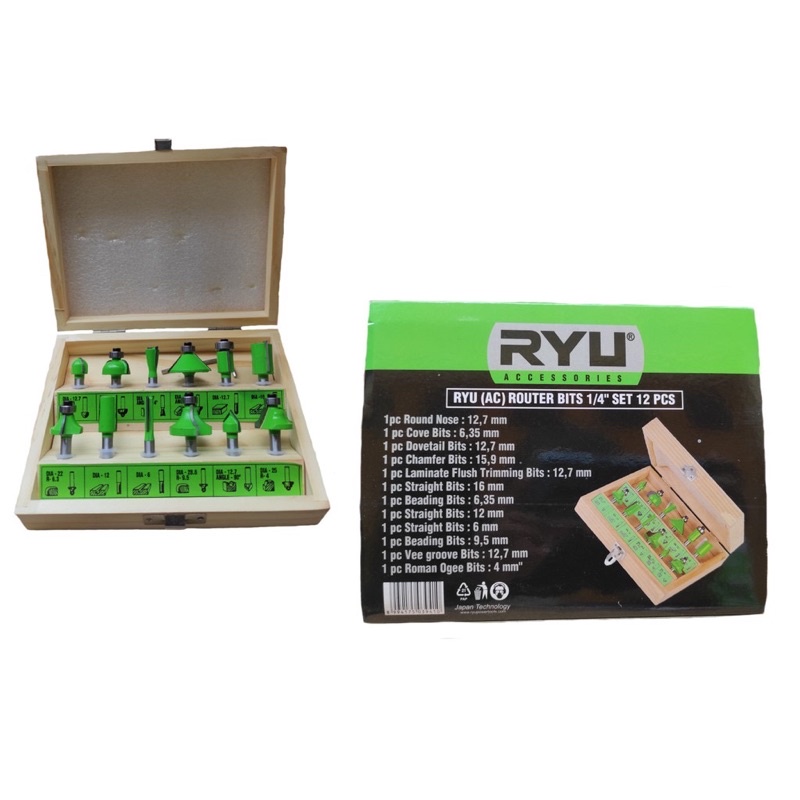 MATA PROFIL ROUTER KAYU SET 12 PCS RYU ROUTER BITS 1/4” SET