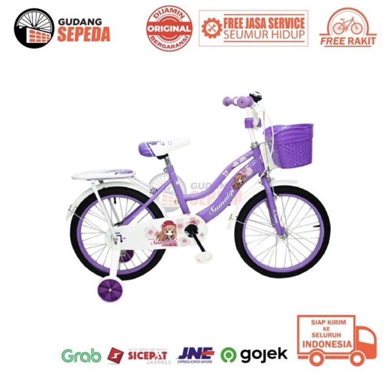 Khusus Gojek Instan Sepeda Anak Perempuan  cewek wanita Evergreen Daisy 12 16 18 inch Ungu Pink termurah  SNI Penguin COD kredit cewek BMX mini Ban hidup pompa karet bukan plastik eva terbaik gratis service seumur hidup keranjang boncengan ungu pink SNi-6