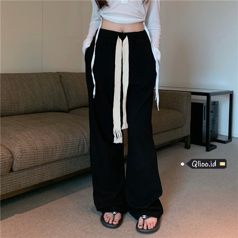 Celana Panjang Sweat Hitam Wanita Celana Olahraga Loose Highwaist Celana Jogger Tanpa Karet Casual Korean Style