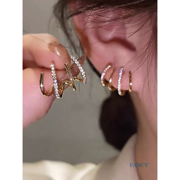 Anting Stud 4 Efek Kristal Bahan Stainless Steel Metal Gaya Korea Untuk Wanita