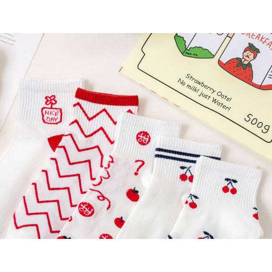 DF KK205 Kaos Kaki Wanita Motif Cherry Merah Kaos Kaki Pendek Socks Fashion Korean