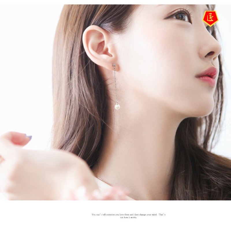 [Ready Stock]Silver Earrings Female Long Fringed Pearl Temperament