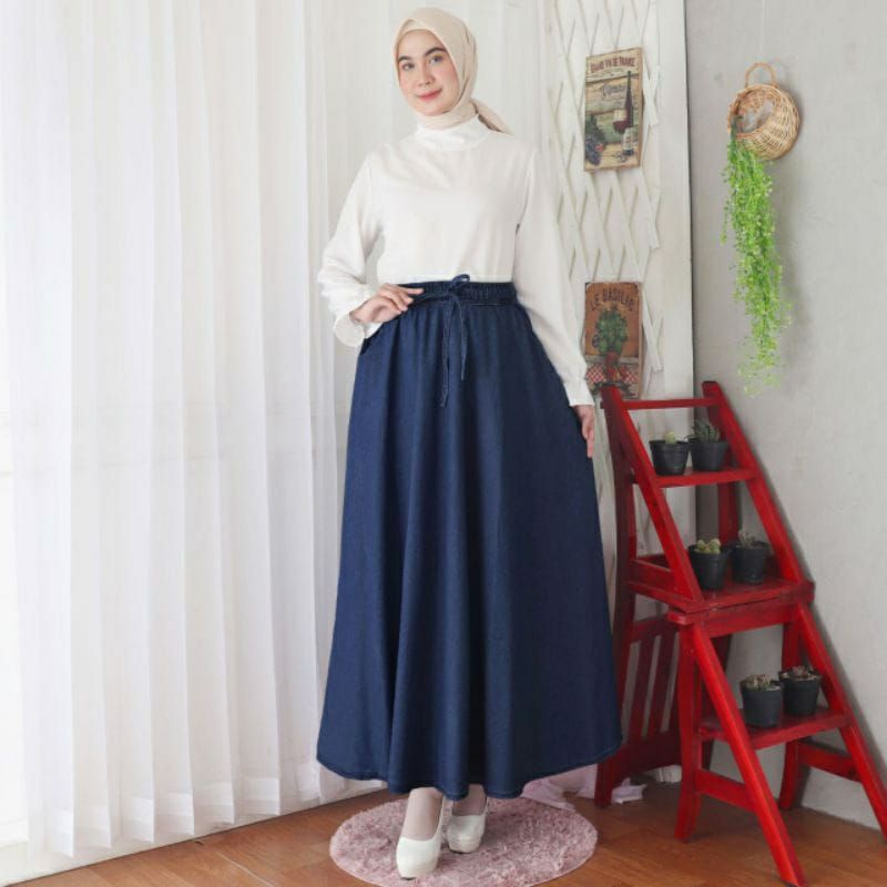 Rok Jeans Panjang Polosan Jumbo tali aktif // Rok Panjang Jeans Jumbo Polosan Tali aktif