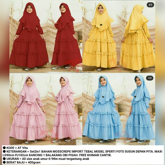 At Vita Set 2 In 1 Gamis Anak Moscrepe Import Tebal Obi Khimar All Size Fit Umur 6 9 Tahun Shopee Indonesia