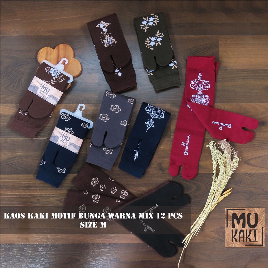 Paket Kaos Kaki Motif Bunga Warna Tua Ukuran M isi 12 Pasang Mukaki