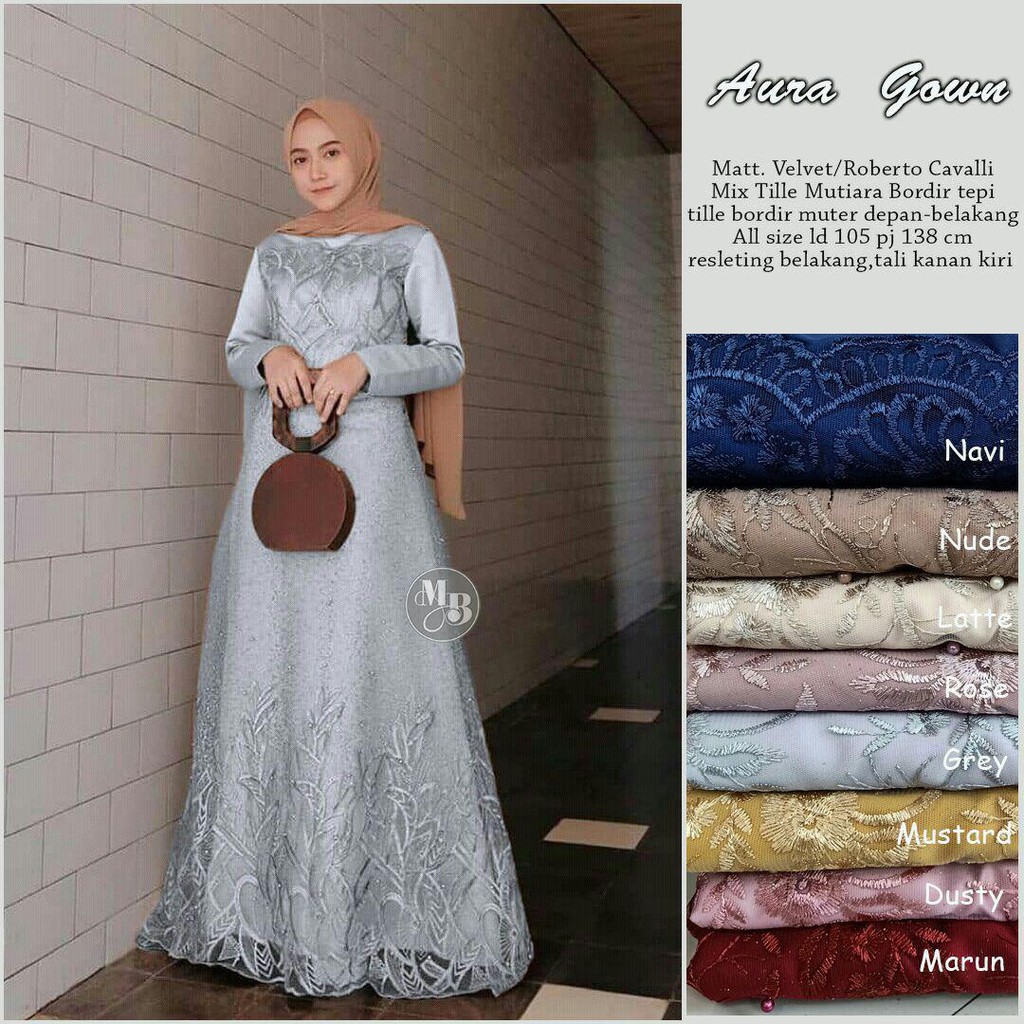 Gamis Brukat Syar'i Aura Gown Bahan Velvet Mix Tile Mutiara Gaun Pesta Muslim Wanita