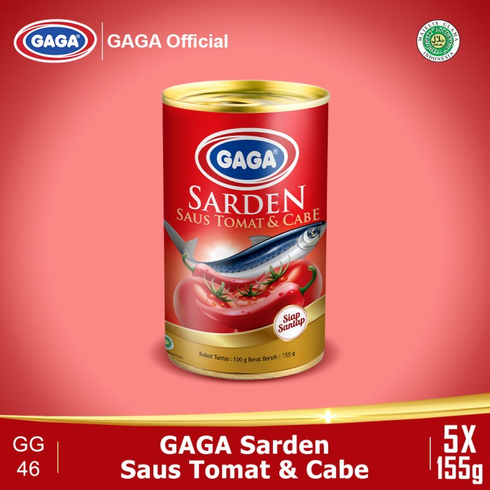 

Ikan Kaleng Gaga Sarden Tomat & Cabe 155G. Beli 3Pcs Free 2Pcs (Kode 46)