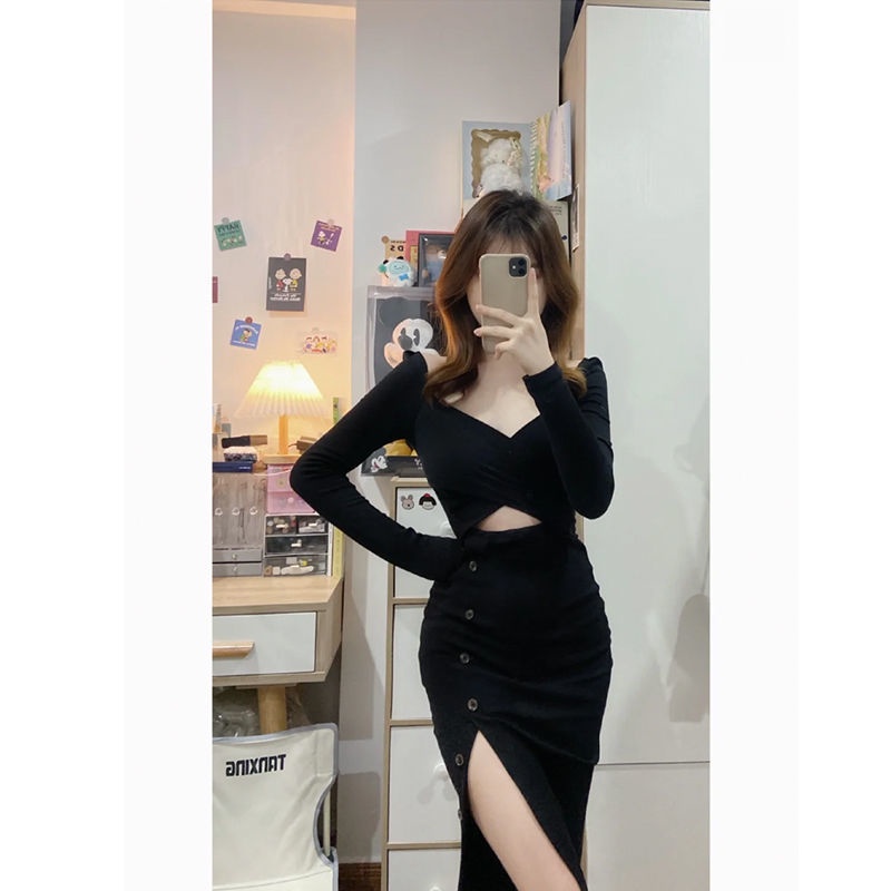 gaun gaya korea desain potongan jahitan gaun rok midi slim fit slit menunjukkan panjang kaki paket r