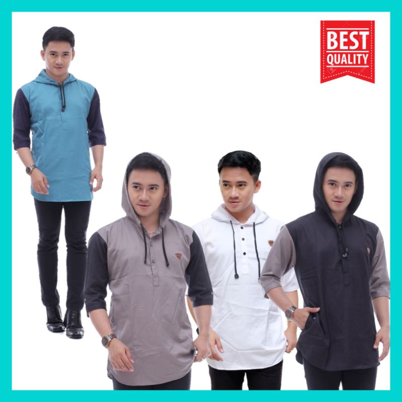 Baju Koko Kurta Hoodie Pria Dewasa Lengan 3/4 Koko Kurta Katun Premium Baju Muslim Terbaru 2021