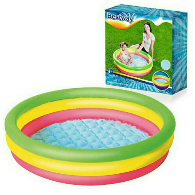 Kolam Renang Anak Bestway Portable 51104 Ukuran 102 cm x 25 cm 3Ring Motif Rainbow Bahan Karet