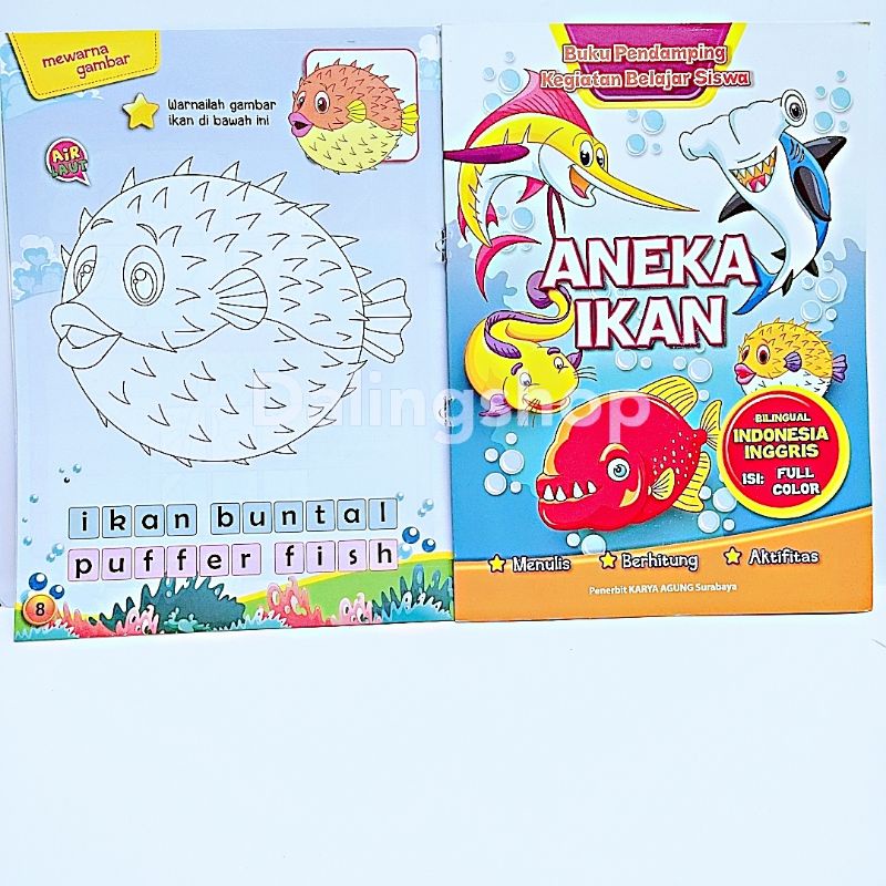 Dalingshop Buku Bilingual Indonesia Inggris Full Color Buku Mewarnai Menulis Berhitung Aktifitas-Aneka Ikan