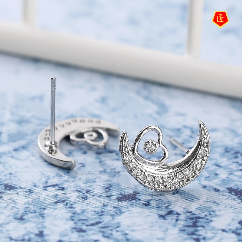 [Ready Stock]New Moon Diamond Pendant Ring Ear Stud Necklace Suit