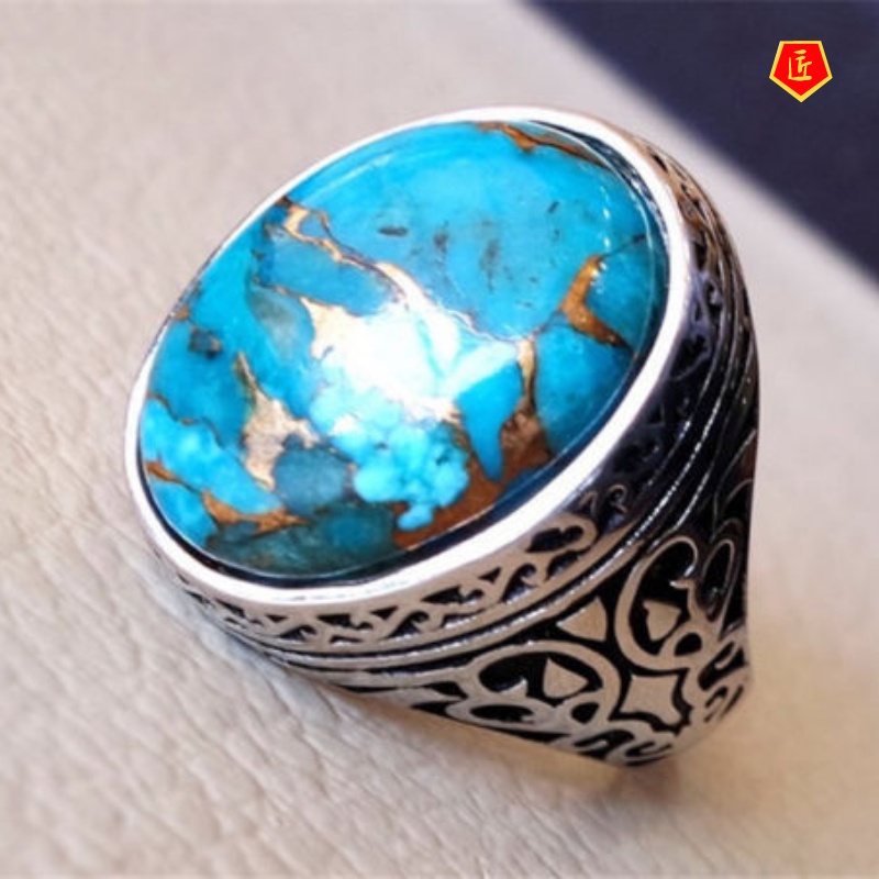 [Ready Stock]Inlaid Turquoise Retro Silver Ring Elegant Graceful