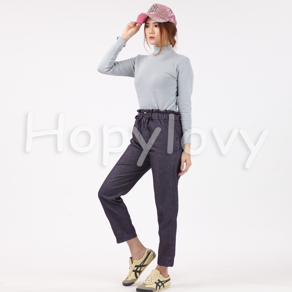 HOPYLOVY - Celana Panjang Wanita Katun Denim Full Pinggang Karet / Miya Pants