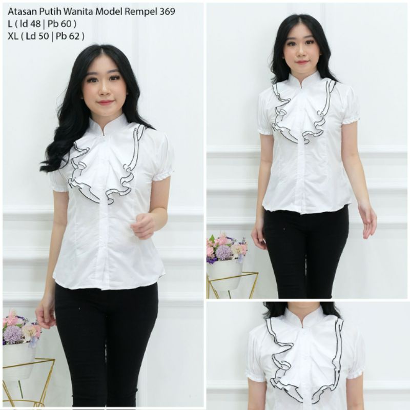 Hem putih wanita model rempel/atasan wanita model korea/ atasan putih wanita kombinasi list hitam pu