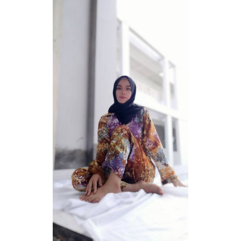 One Set kemeja tiedye lengan panjang
