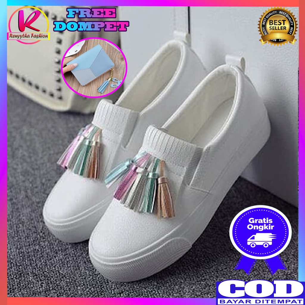 Sepatu Slip On Wanita Terbaru 2022 Kekinian Sepatu Korea Wanita Premium DL03 Warna Putih Murah