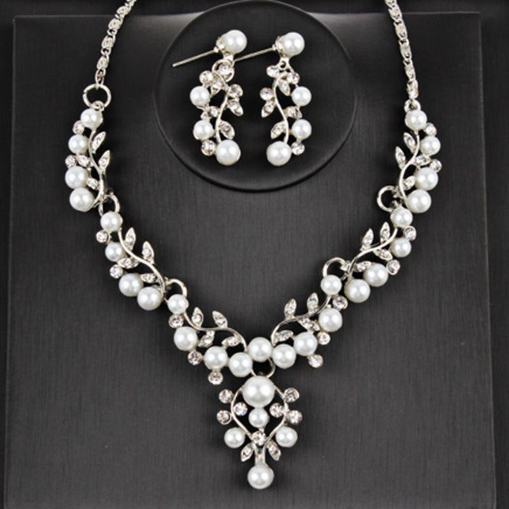 REBUY Rebuy Set Perhiasan Pesta Pesona Afrika Anting Kalung Mutiara Imitasi Gold/Silver Simulasi Kristal Silver Plated