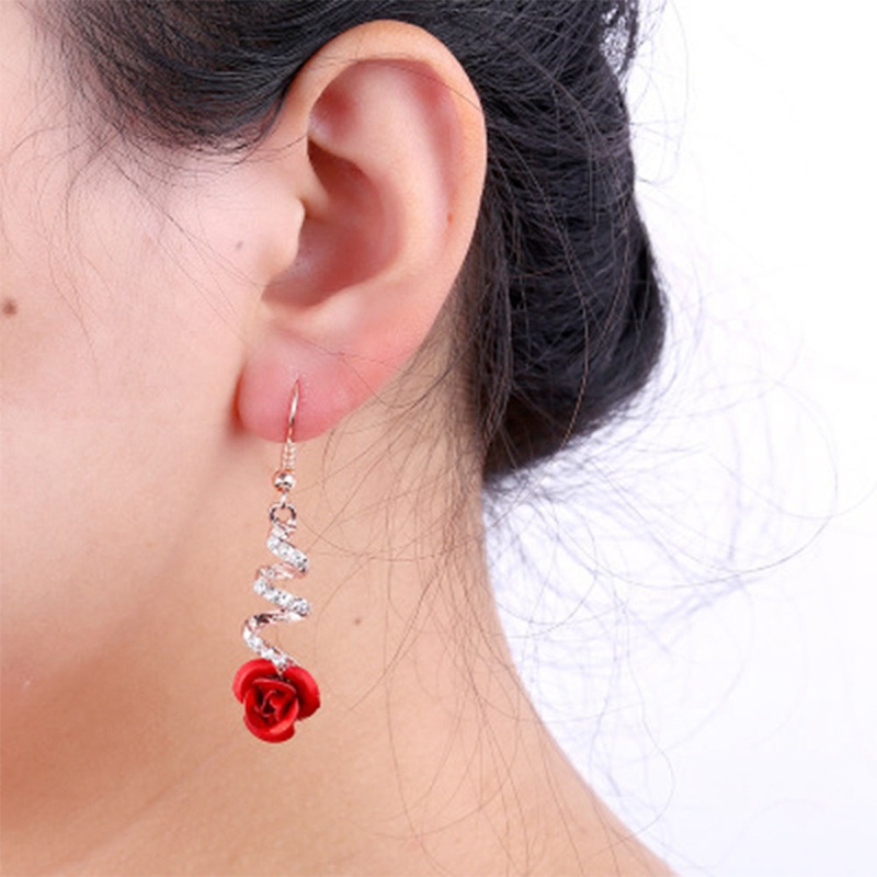 Fancyqube Anting Menjuntai Bentuk Mawar Merah Spiral Untuk Perhiasan Wanita