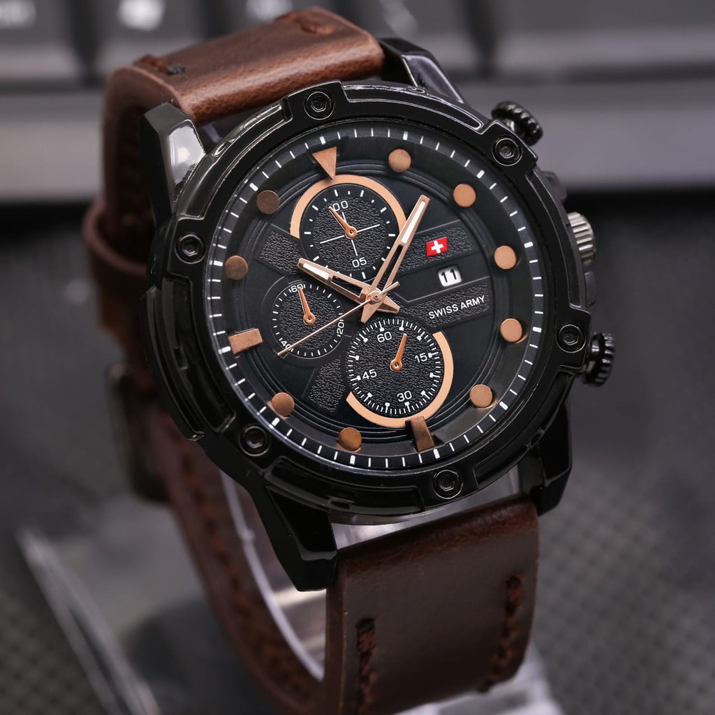 Best Seller Jam Tangan  Pria  Swiss 1426L tali Kulit Chrono 