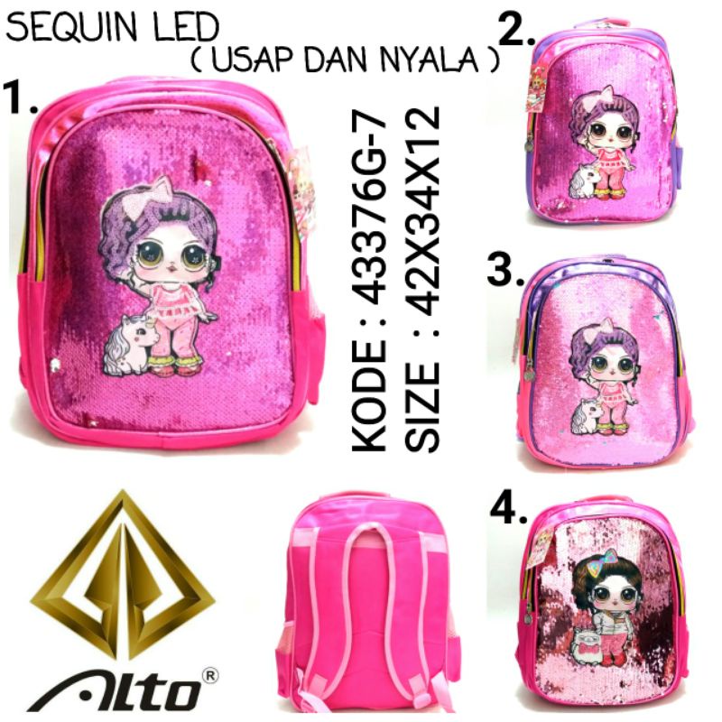 TAS SEKOLAH RANSEL BACKPACK COWO ALTO 43376G-7 TAS SEQUIN LED DAN USAP KARAKTER CEWE