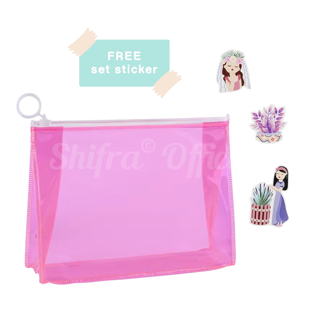 Shifra Tas Kosmetik Pouch Bag Mika Tempat Make Up Anti Air Colorful (Free Set Stickers)