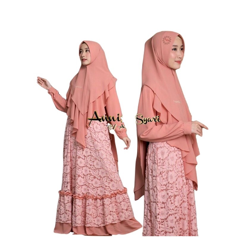 Gamis Wanita Muslimah Syari Set Hijab Brokat - Gamis Annisa Syari Ceruty Babydoll Mewah Premium COD