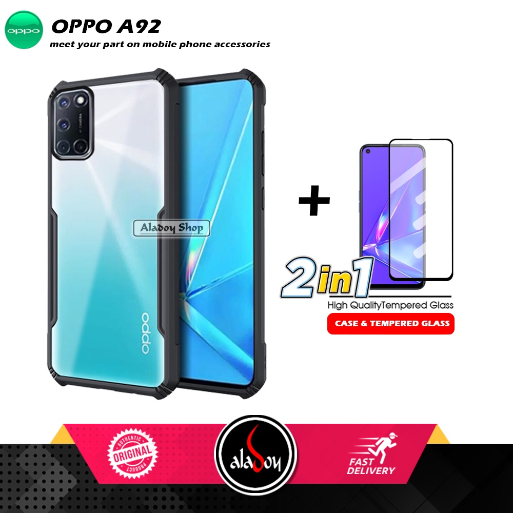 PAKET 2 IN 1 Case Oppo A92 Armor Fusion Transparent Prmium Casing Free Tempered Glass