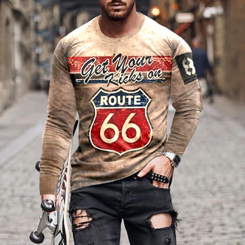 American Route 66 2022 Perdagangan Luar Negeri Leher Bulat Lengan Panjang 3D Digital Printing Slim P