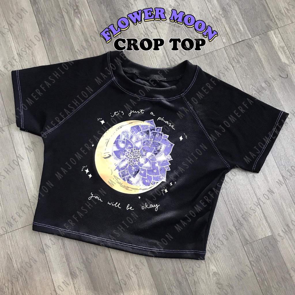 MAJOMER ® | FLOWER MOON RIB CROP TOP - KAOS WANITA CROP LUCU