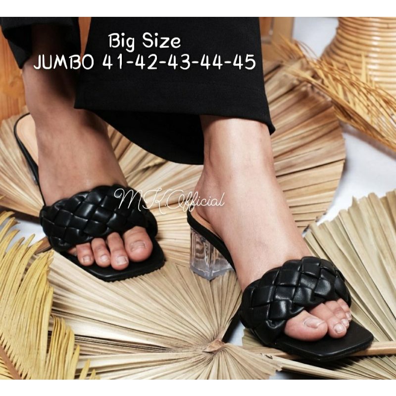 Sandal Wanita Hak Kaca Premium JUMBO 41-45 / Heels Slop Kekinian Cewek Super Besar Hitam Turis, 41