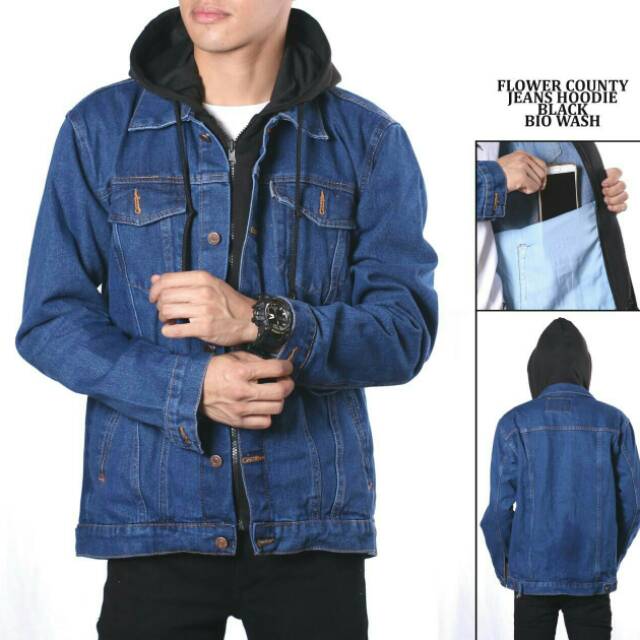 Jaket jeans hoodie double sleting / jaket pria / jaket jeans