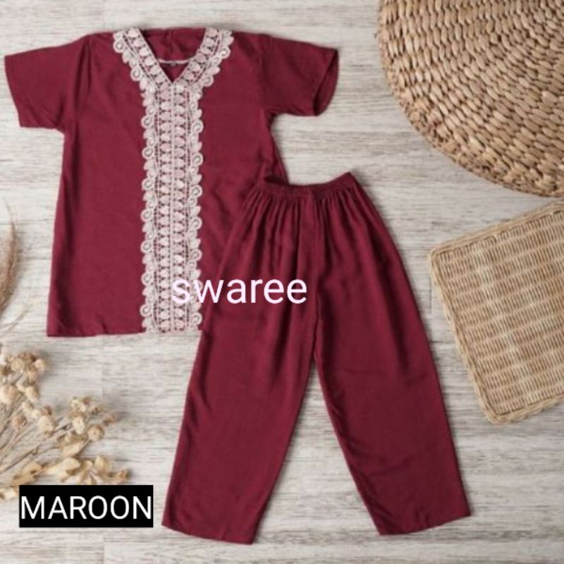 Baju Stelan Anak Perempuan Celana Panjang Karet Lengan Pendek Cewek Balita Usia 2 3 4 5 6 7 Tahun One Set Setelan Bahan Rayon Model Terbaru Size M L XL Kecil Kekinian Aneka Warna Polos Motif Renda Murah Bisa Ecer dan COD Harga Grosir Jahitan Rapih Kokoh