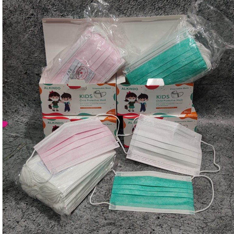 PER BOX 50PC - MASKER ANAK 3PLY CAREION NECARE ALKINDO WARNA POLOS