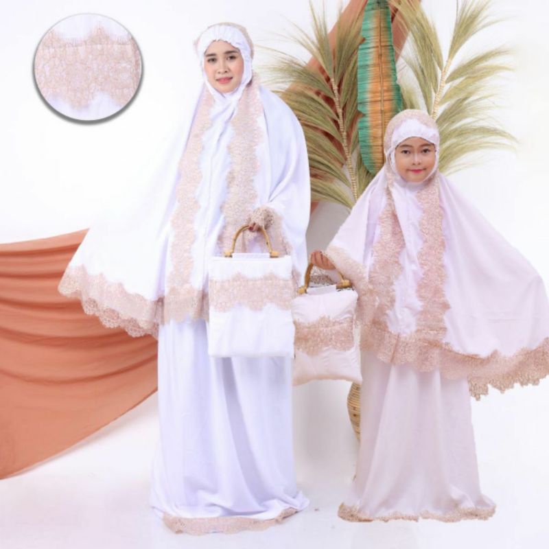 SET COUPLE MUKENA PUTIH KOMBINASI RENDA SETELAN IBU DAN ANAK POTONGAN ATASAN BAWAHAN SERIES