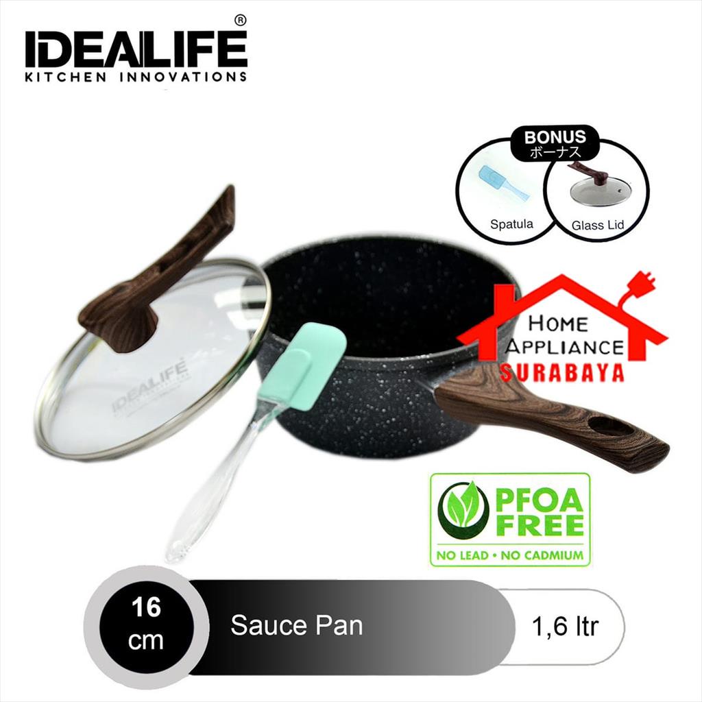 IDEALIFE Panci Saus Susu - Sauce Pan 16CM + Tutup Kaca + Spatula Nylon IL-16SP