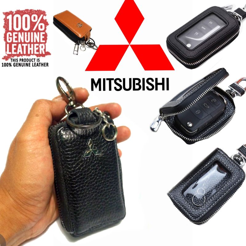dompet kunci remot  keyless mobil mitsubishi transparan v.2 single zip kulit asli - dompet stnk mobil kulit