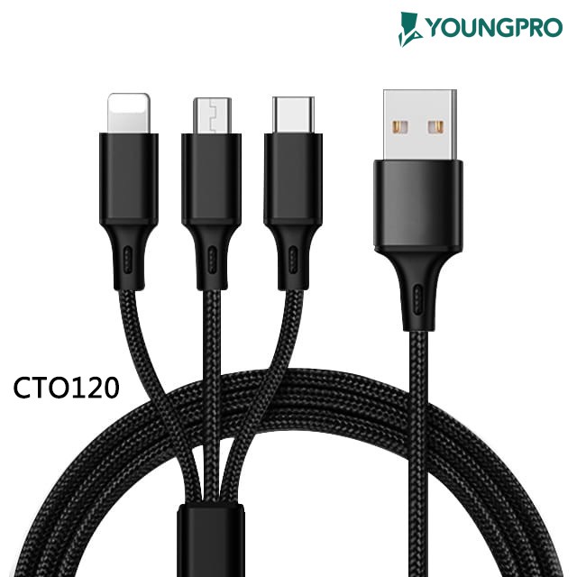 YOUNGPRO Kabel Data CTO120 Lightning 3 in 1 Fast Charger iOS + Micro USB + Type C ORIGINAL