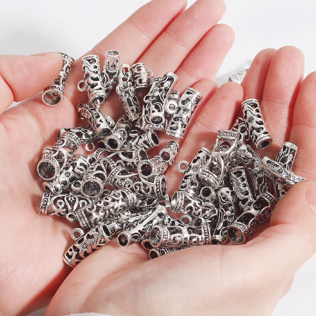 10pcs Manik-Manik Tabung Spacer Bahan Metal Warna Silver Tibet Untuk Membuat Perhiasan Charms