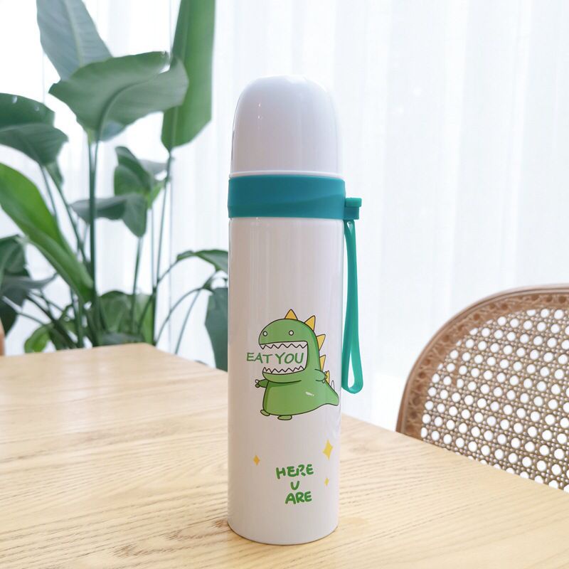 Botol Minum Tahan Panas H/C 8 jam++ Vacuum Flask 500ml Motif Kartun Dino Lucu + Bubble