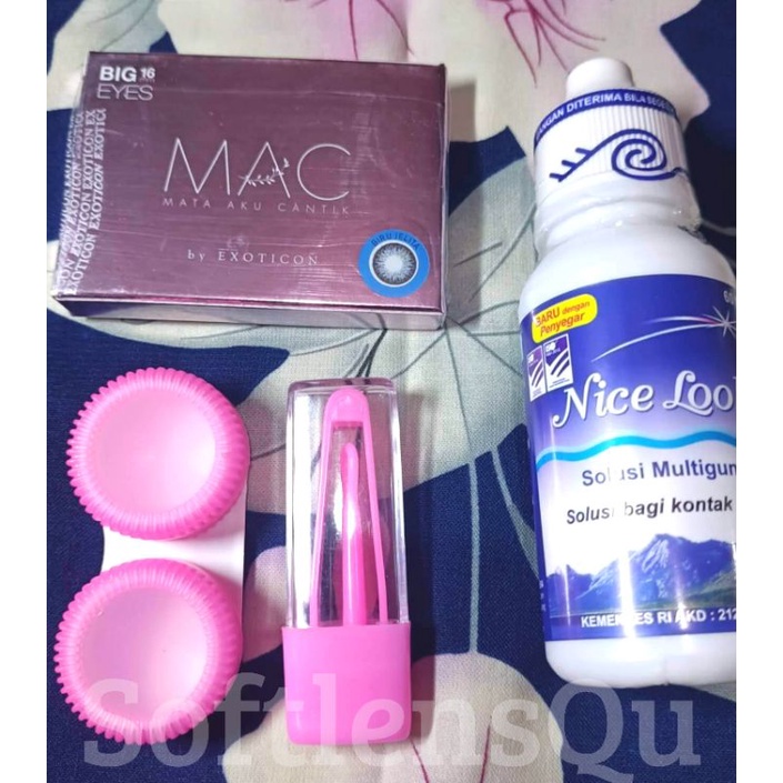 COD Paket Softlens MAC Normal Big Eyes Dia 16mm by Exoticon + Air Softlens Nice Look / Pure n Soft 60ml + Pinset + Lenscase